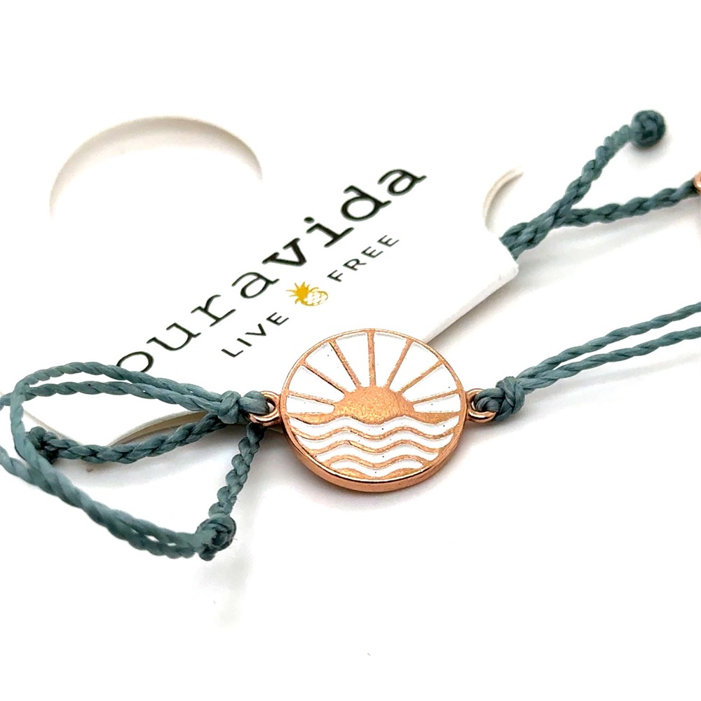 Pura Vida Good Vibes Enamel Sun Charm Bracelet Rose Gold Blue Grey Cord